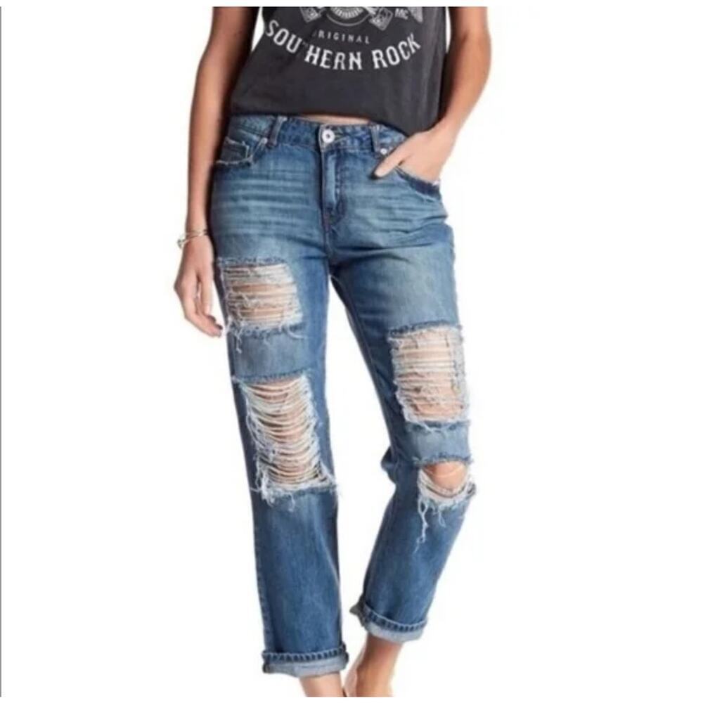 ☀️NEW B. O. G. Band of Gypsies Quinn Crop Jeans Distressed Medium Wash Womens 25